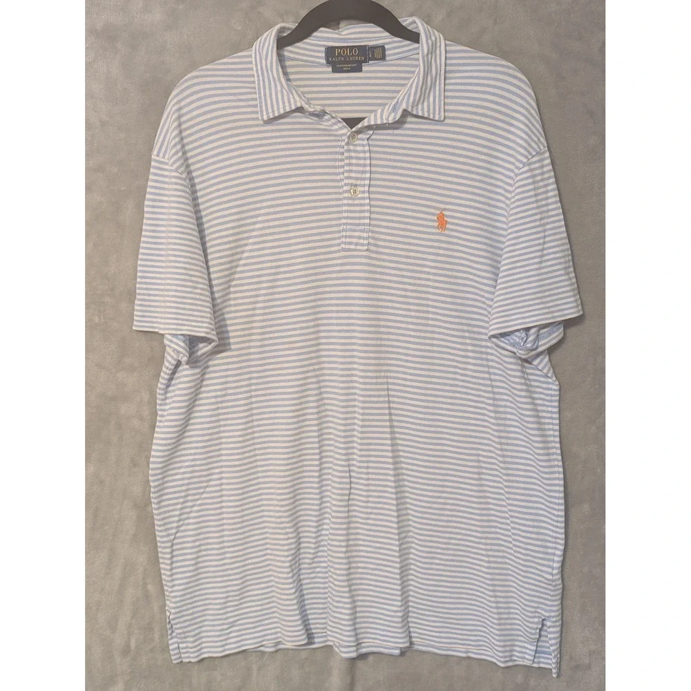 Polo Ralph Lauren Polo Shirt Mens Large Blue White Striped Featherweight Mesh